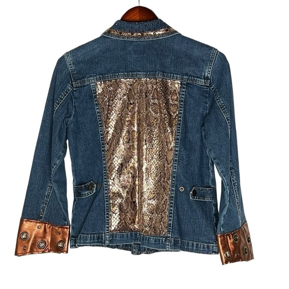 J. Jill Stretch Denim Jacket With Jewels & Metallic Gold Pattern Women's Size S - Picture 2 of 16